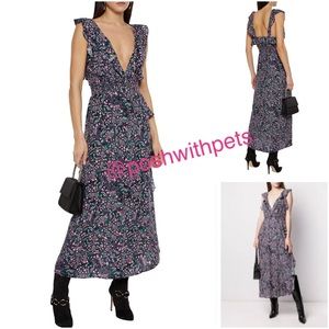 IRO NWT Santu Ruffled Shirred Crepe De Chine Maxi Dress Black Pink Green New